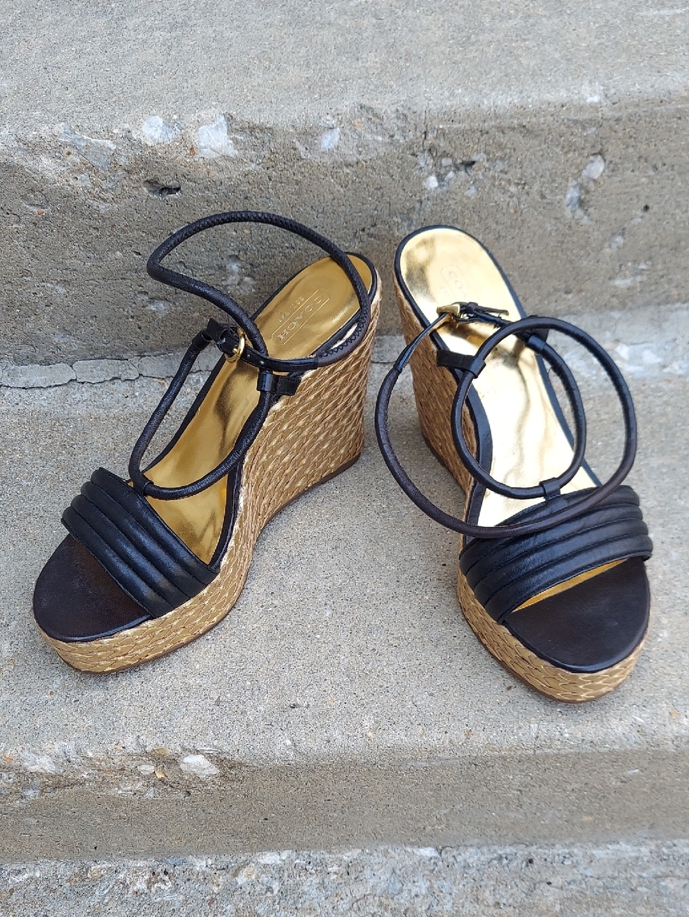 Coach Black Ankle Strap Gold Espadrille Platform Wedge Heel Sandal Size 10 Retro